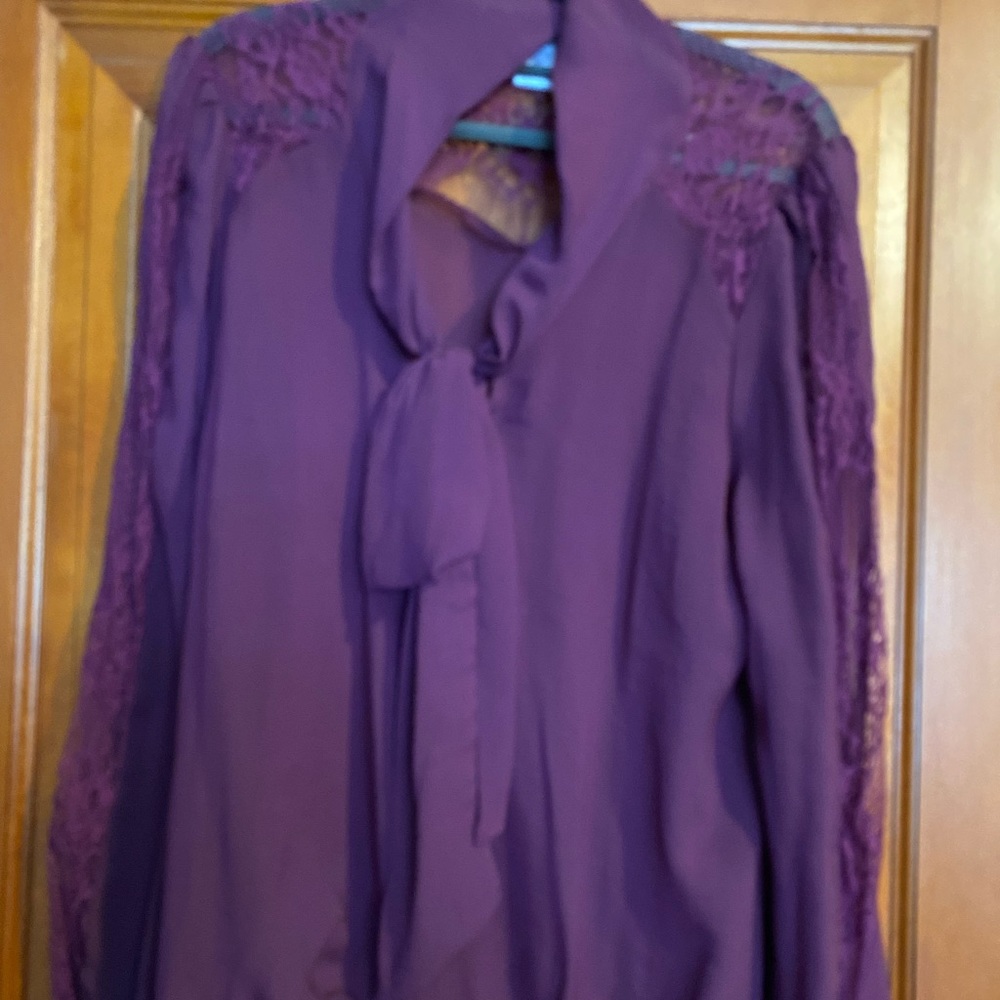 Purple maroon long sleeve tie neck, lace backing and sleeve, size large